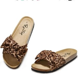 Pep Step Leopard Print Bow Knot Cork Slide Sandals, Sz 8.5